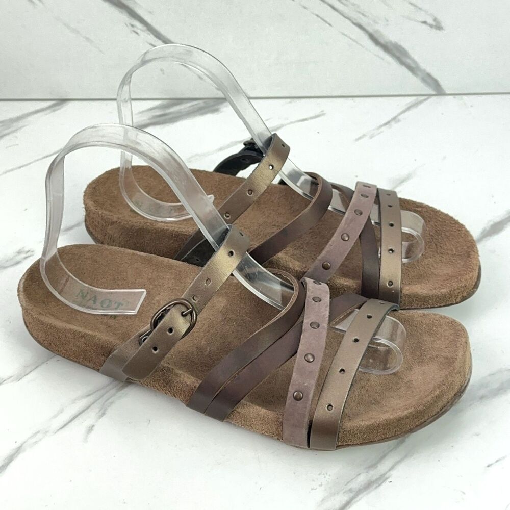 Naot Prescott Womens 8-8.5 EU 39 Gold Brown Leather Flat Studded Strappy Sandal